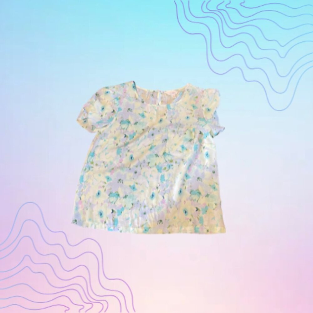 LAUREN CONRAD Blue Floral Ruffle Sleeve Blouse